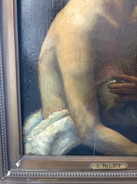 &Eacute;cole fran&ccedil;aise, monogramm&eacute; JFM (Jean Fran&ccedil;ois Millet, 1814-1875 ?): Le mod&egrave;le f&eacute;minin, huile sur papier maroufl&eacute; sur panneau, 19&egrave;me si&egrave;cle