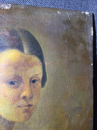 &Eacute;cole fran&ccedil;aise, monogramm&eacute; JFM (Jean Fran&ccedil;ois Millet, 1814-1875 ?): Le mod&egrave;le f&eacute;minin, huile sur papier maroufl&eacute; sur panneau, 19&egrave;me si&egrave;cle