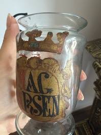 A Bohemian gilt and polychrome decorated 'Mag Arsen' (arsenic) glass pharmacy jar, 19th C.