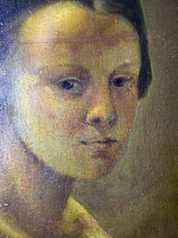 &Eacute;cole fran&ccedil;aise, monogramm&eacute; JFM (Jean Fran&ccedil;ois Millet, 1814-1875 ?): Le mod&egrave;le f&eacute;minin, huile sur papier maroufl&eacute; sur panneau, 19&egrave;me si&egrave;cle