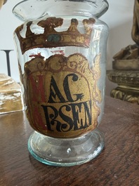 A Bohemian gilt and polychrome decorated 'Mag Arsen' (arsenic) glass pharmacy jar, 19th C.