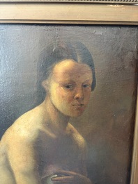 &Eacute;cole fran&ccedil;aise, monogramm&eacute; JFM (Jean Fran&ccedil;ois Millet, 1814-1875 ?): Le mod&egrave;le f&eacute;minin, huile sur papier maroufl&eacute; sur panneau, 19&egrave;me si&egrave;cle