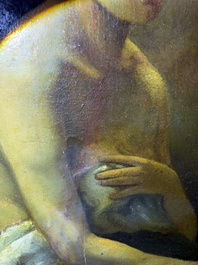&Eacute;cole fran&ccedil;aise, monogramm&eacute; JFM (Jean Fran&ccedil;ois Millet, 1814-1875 ?): Le mod&egrave;le f&eacute;minin, huile sur papier maroufl&eacute; sur panneau, 19&egrave;me si&egrave;cle