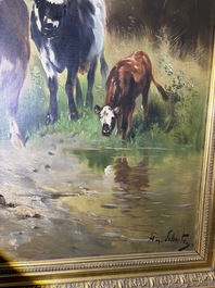 Henry Schouten (1860-1927): Cows in a landscape at the edge of a watering hole, oil on canvas