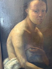 &Eacute;cole fran&ccedil;aise, monogramm&eacute; JFM (Jean Fran&ccedil;ois Millet, 1814-1875 ?): Le mod&egrave;le f&eacute;minin, huile sur papier maroufl&eacute; sur panneau, 19&egrave;me si&egrave;cle