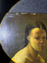 &Eacute;cole fran&ccedil;aise, monogramm&eacute; JFM (Jean Fran&ccedil;ois Millet, 1814-1875 ?): Le mod&egrave;le f&eacute;minin, huile sur papier maroufl&eacute; sur panneau, 19&egrave;me si&egrave;cle
