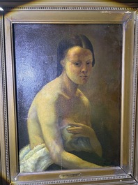 &Eacute;cole fran&ccedil;aise, monogramm&eacute; JFM (Jean Fran&ccedil;ois Millet, 1814-1875 ?): Le mod&egrave;le f&eacute;minin, huile sur papier maroufl&eacute; sur panneau, 19&egrave;me si&egrave;cle