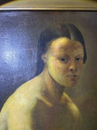 &Eacute;cole fran&ccedil;aise, monogramm&eacute; JFM (Jean Fran&ccedil;ois Millet, 1814-1875 ?): Le mod&egrave;le f&eacute;minin, huile sur papier maroufl&eacute; sur panneau, 19&egrave;me si&egrave;cle