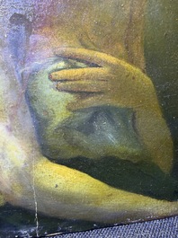 &Eacute;cole fran&ccedil;aise, monogramm&eacute; JFM (Jean Fran&ccedil;ois Millet, 1814-1875 ?): Le mod&egrave;le f&eacute;minin, huile sur papier maroufl&eacute; sur panneau, 19&egrave;me si&egrave;cle