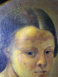 &Eacute;cole fran&ccedil;aise, monogramm&eacute; JFM (Jean Fran&ccedil;ois Millet, 1814-1875 ?): Le mod&egrave;le f&eacute;minin, huile sur papier maroufl&eacute; sur panneau, 19&egrave;me si&egrave;cle