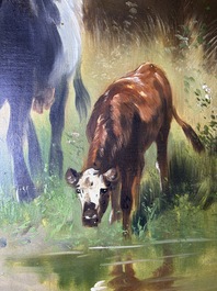 Henry Schouten (1860-1927): Cows in a landscape at the edge of a watering hole, oil on canvas