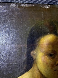 &Eacute;cole fran&ccedil;aise, monogramm&eacute; JFM (Jean Fran&ccedil;ois Millet, 1814-1875 ?): Le mod&egrave;le f&eacute;minin, huile sur papier maroufl&eacute; sur panneau, 19&egrave;me si&egrave;cle