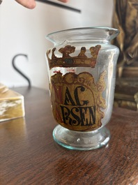 A Bohemian gilt and polychrome decorated 'Mag Arsen' (arsenic) glass pharmacy jar, 19th C.