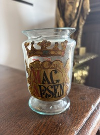 A Bohemian gilt and polychrome decorated 'Mag Arsen' (arsenic) glass pharmacy jar, 19th C.