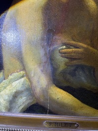 &Eacute;cole fran&ccedil;aise, monogramm&eacute; JFM (Jean Fran&ccedil;ois Millet, 1814-1875 ?): Le mod&egrave;le f&eacute;minin, huile sur papier maroufl&eacute; sur panneau, 19&egrave;me si&egrave;cle