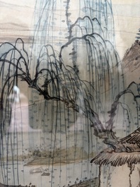 Chinese school: An animated river landscape, ink and colours on paper, 19th/20th C.