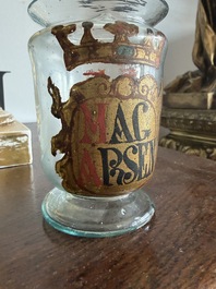 A Bohemian gilt and polychrome decorated 'Mag Arsen' (arsenic) glass pharmacy jar, 19th C.