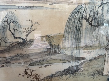 Chinese school: An animated river landscape, ink and colours on paper, 19th/20th C.