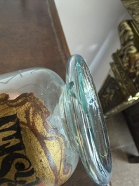 A Bohemian gilt and polychrome decorated 'Mag Arsen' (arsenic) glass pharmacy jar, 19th C.