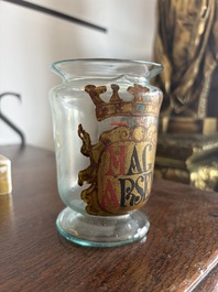 A Bohemian gilt and polychrome decorated 'Mag Arsen' (arsenic) glass pharmacy jar, 19th C.