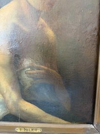 &Eacute;cole fran&ccedil;aise, monogramm&eacute; JFM (Jean Fran&ccedil;ois Millet, 1814-1875 ?): Le mod&egrave;le f&eacute;minin, huile sur papier maroufl&eacute; sur panneau, 19&egrave;me si&egrave;cle