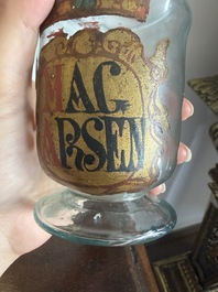 A Bohemian gilt and polychrome decorated 'Mag Arsen' (arsenic) glass pharmacy jar, 19th C.
