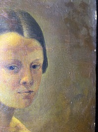 &Eacute;cole fran&ccedil;aise, monogramm&eacute; JFM (Jean Fran&ccedil;ois Millet, 1814-1875 ?): Le mod&egrave;le f&eacute;minin, huile sur papier maroufl&eacute; sur panneau, 19&egrave;me si&egrave;cle