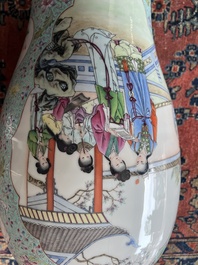 A Chinese famille rose baluster vase with court ladies relaxing in a palace garden, Qianlong mark, Republic, 20th C.