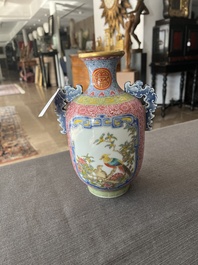 A Chinese falangcai vase with birds among blossoming branches, Qianlong mark, 20th C.