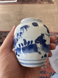 A Japanese blue and white Arita jar and cover with figures in a landscape, Edo, 18th/19th C;