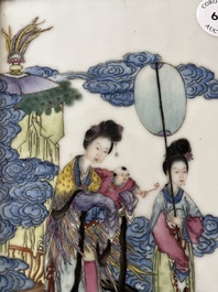 A Chinese famille rose plaque with the Queen Mother of the West descending from heaven, Republic, 20th C.
