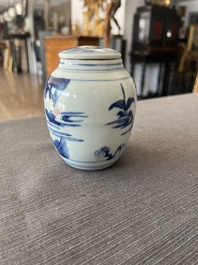 A Japanese blue and white Arita jar and cover with figures in a landscape, Edo, 18th/19th C;