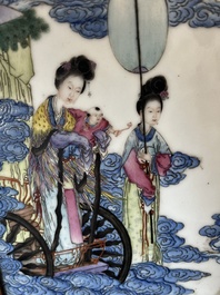 A Chinese famille rose plaque with the Queen Mother of the West descending from heaven, Republic, 20th C.