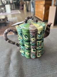 A Chinese bamboo-shaped famille verte teapot and cover with floral design, Kangxi