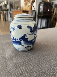 A Japanese blue and white Arita jar and cover with figures in a landscape, Edo, 18th/19th C;