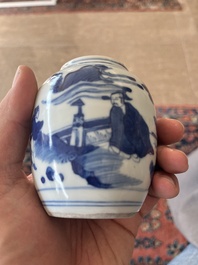A Japanese blue and white Arita jar and cover with figures in a landscape, Edo, 18th/19th C;