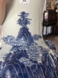 A Chinese blue and white baluster vase with an animated river landscape, 19th C.