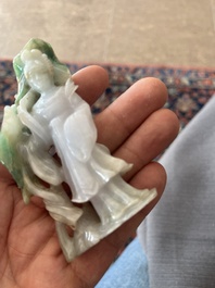 Two Chinese turquoise figures of Lan Caihe and a jade lady figure, 20th C.