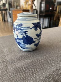 A Japanese blue and white Arita jar and cover with figures in a landscape, Edo, 18th/19th C;