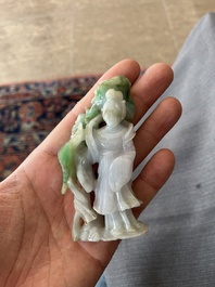 Two Chinese turquoise figures of Lan Caihe and a jade lady figure, 20th C.