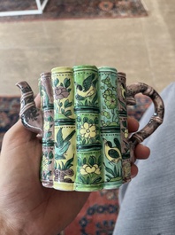 A Chinese bamboo-shaped famille verte teapot and cover with floral design, Kangxi