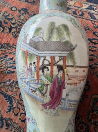 A Chinese famille rose baluster vase with court ladies relaxing in a palace garden, Qianlong mark, Republic, 20th C.