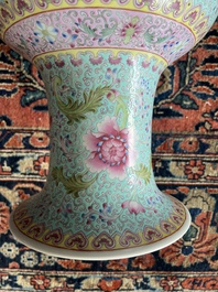 A Chinese famille rose baluster vase with court ladies relaxing in a palace garden, Qianlong mark, Republic, 20th C.