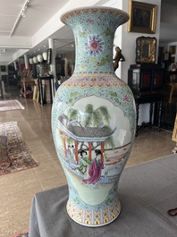 A Chinese famille rose baluster vase with court ladies relaxing in a palace garden, Qianlong mark, Republic, 20th C.