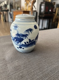 A Japanese blue and white Arita jar and cover with figures in a landscape, Edo, 18th/19th C;