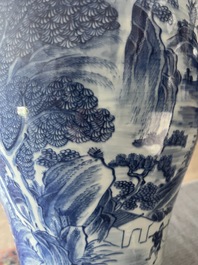A Chinese blue and white baluster vase with an animated river landscape, 19th C.