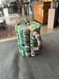 A Chinese bamboo-shaped famille verte teapot and cover with floral design, Kangxi