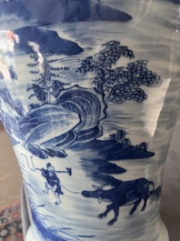 A Chinese blue and white baluster vase with an animated river landscape, 19th C.