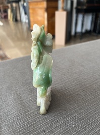 Two Chinese turquoise figures of Lan Caihe and a jade lady figure, 20th C.