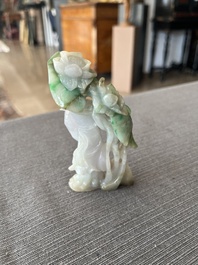 Two Chinese turquoise figures of Lan Caihe and a jade lady figure, 20th C.